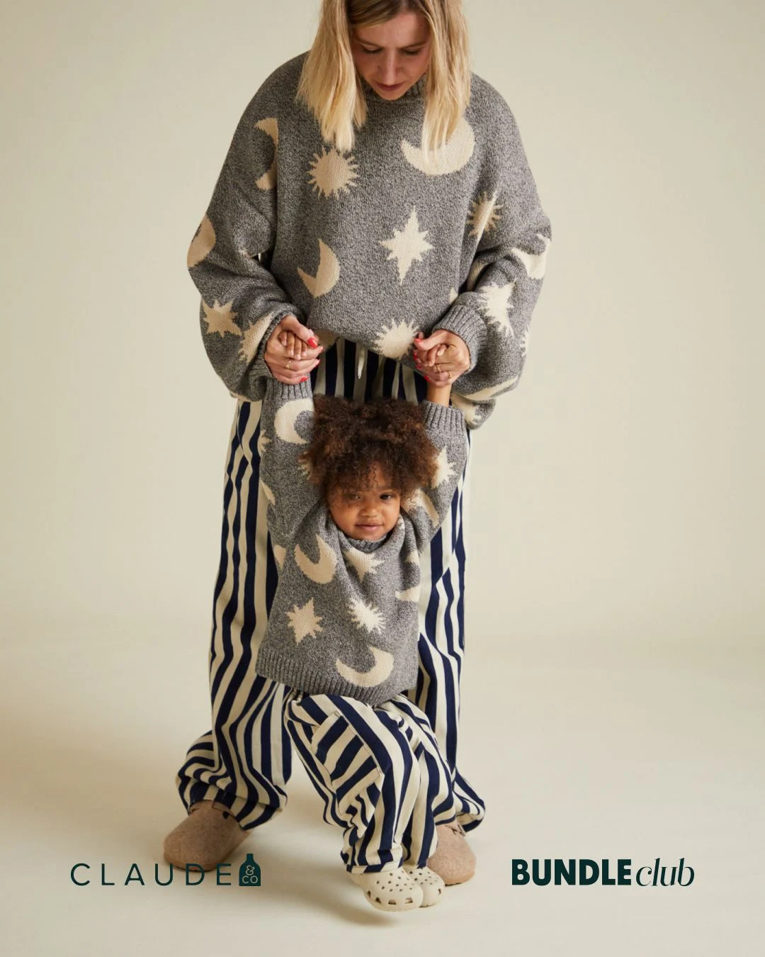 Mother and child in matching knits