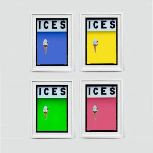 Four ICES Cornflower Blue Lemon Yellow Vivid Lime Green Pink Lemonade White Frame 518 Square